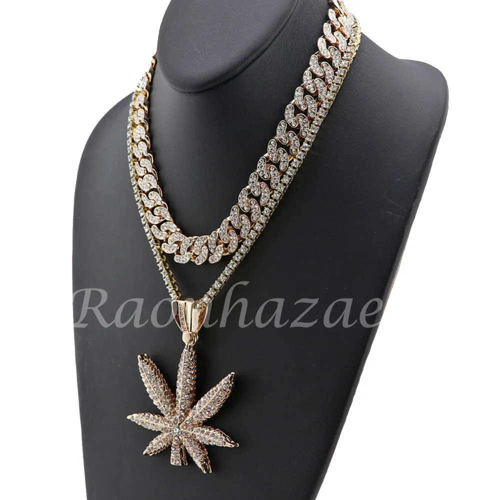 14K GOLD PT MARIJUANA 18" TENNIS CHAIN 16" 30" CHOKER CUBAN CHAIN S33G