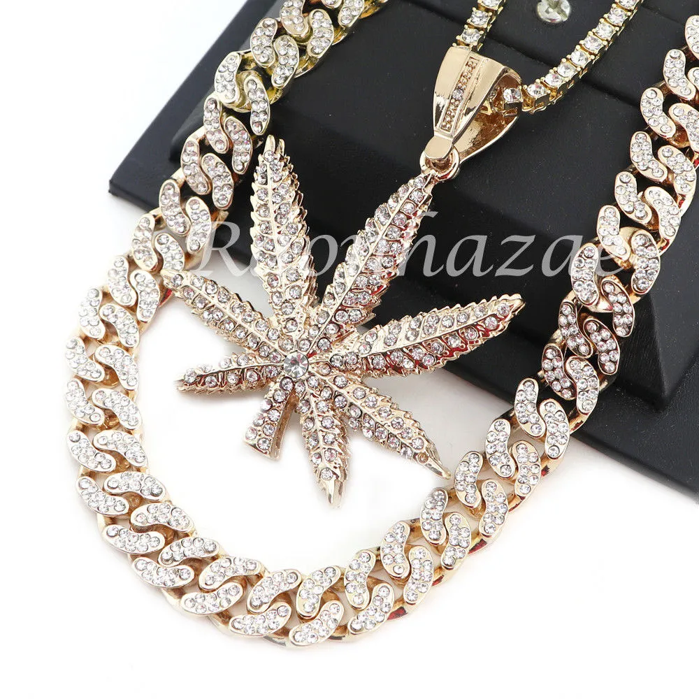 14K GOLD PT MARIJUANA 18" TENNIS CHAIN 16" 30" CHOKER CUBAN CHAIN S33G