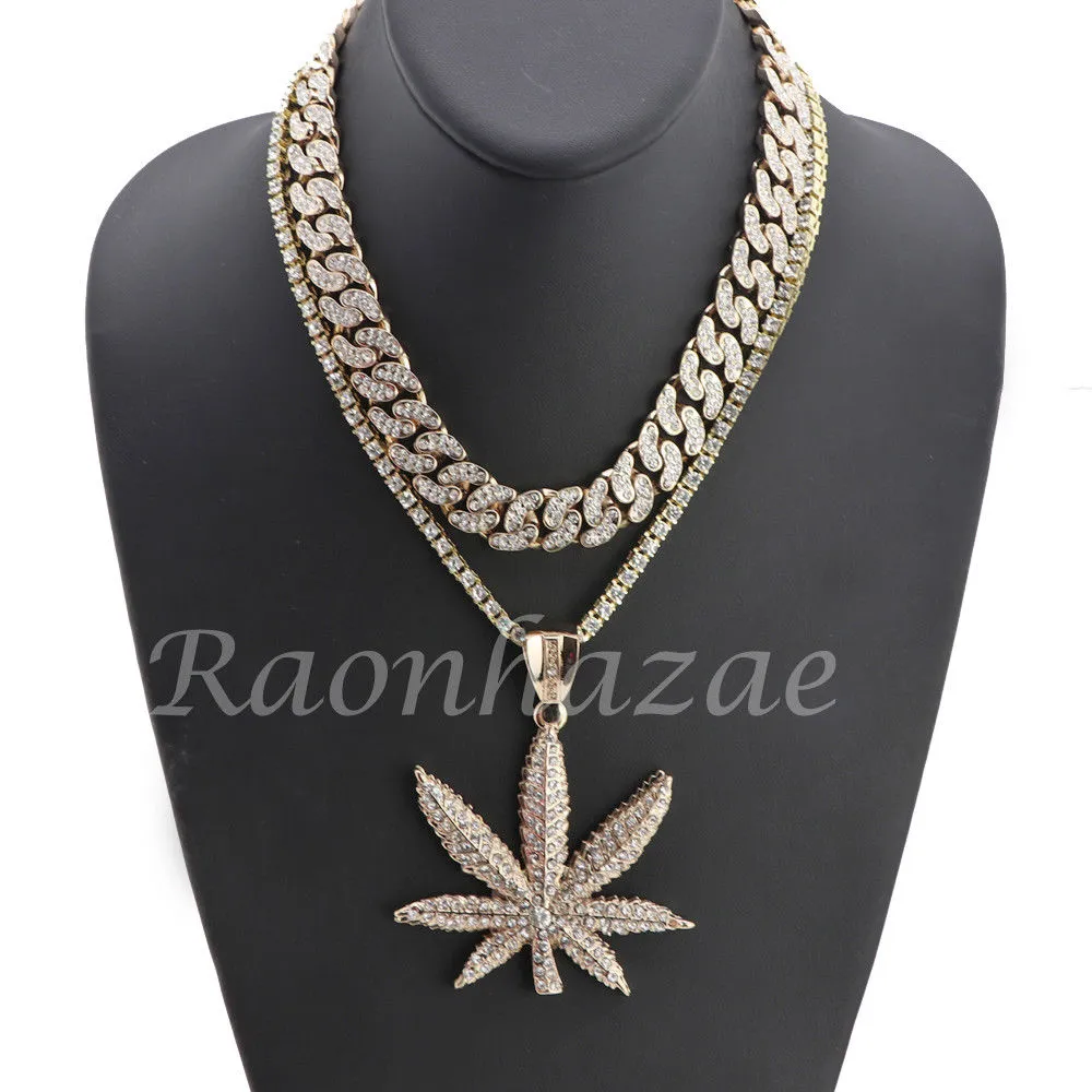 14K GOLD PT MARIJUANA 18" TENNIS CHAIN 16" 30" CHOKER CUBAN CHAIN S33G