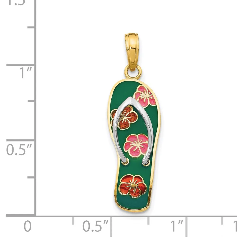 14k Yellow Gold & Rhodium Rhodium 3D Enameled Flowers On Green Flip Flop Pendant