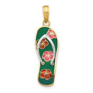 14k Yellow Gold & Rhodium Rhodium 3D Enameled Flowers On Green Flip Flop Pendant