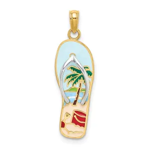 14k Yellow Gold & Rhodium w/Rhodium 3D Enamel Palm Tree and Bucket Flip-Flop Charm