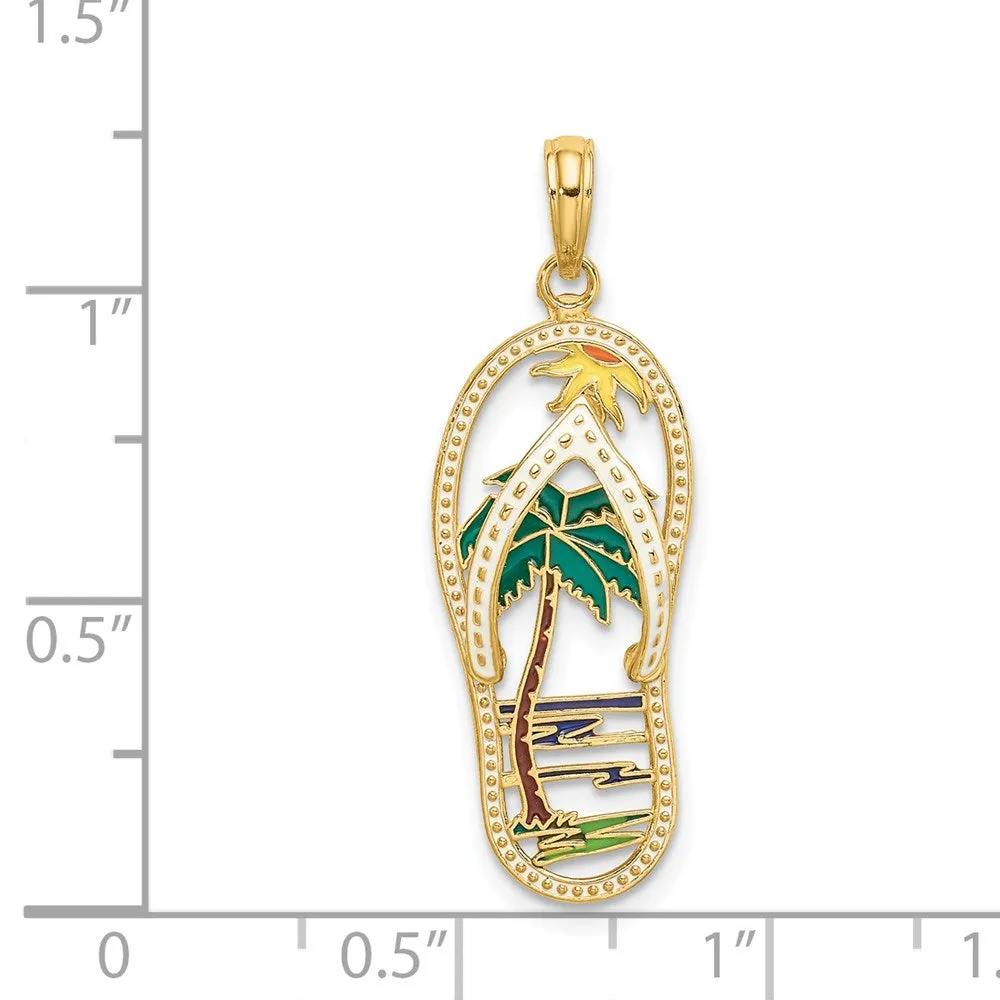 14k Yellow Gold Enamel Palm Tree Flip-Flop Charm
