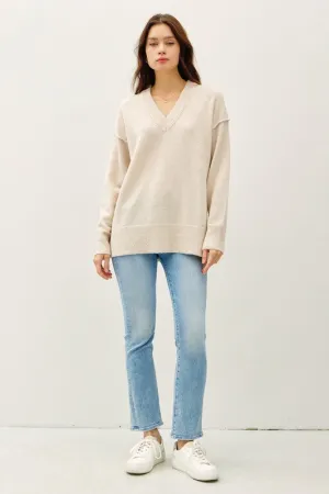 6452 Natural Oversized V-neck Sweater with Raw Seam Details