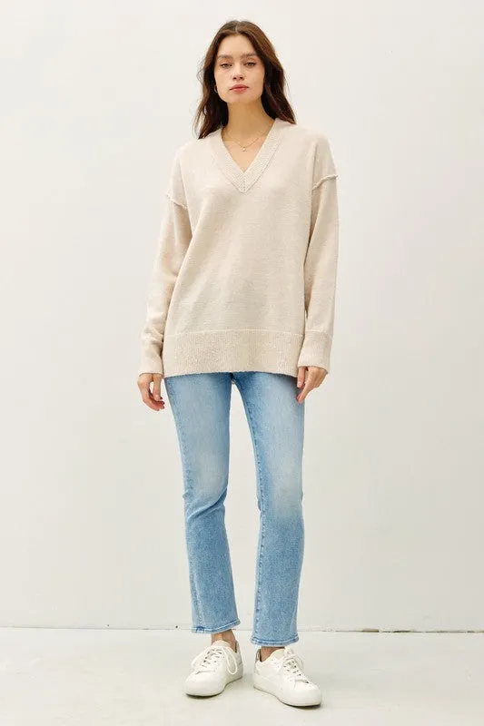 6452 Natural Oversized V-neck Sweater with Raw Seam Details