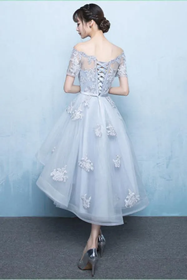 A-Line Off Shoulder Long Tail Homecoming Dress With Appliques TR0214