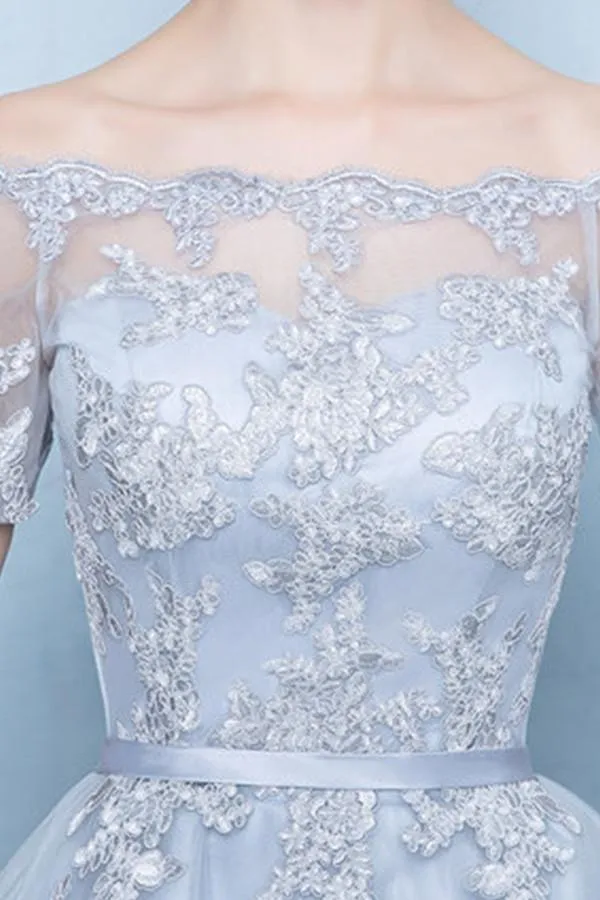A-Line Off Shoulder Long Tail Homecoming Dress With Appliques TR0214