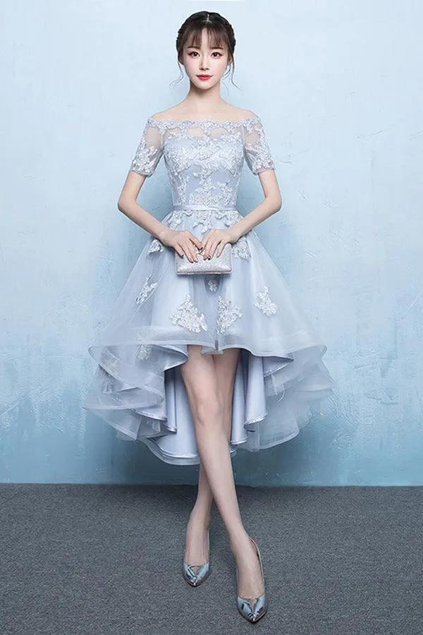 A-Line Off Shoulder Long Tail Homecoming Dress With Appliques TR0214