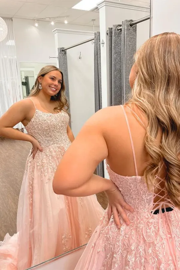 A Line Pink Tulle Lace Long Prom Dress, Pink Lace Formal Dress APP0764