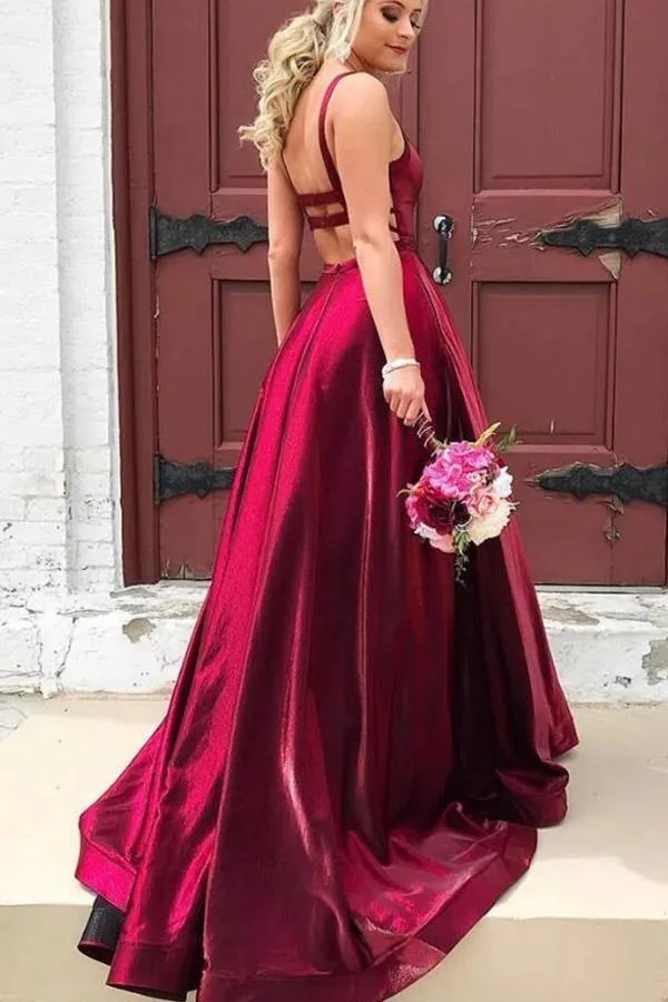 A-line Straps Navy Blue Backless Long Prom Dress with Pockets TP0939