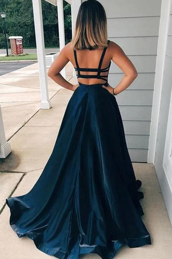 A-line Straps Navy Blue Backless Long Prom Dress with Pockets TP0939