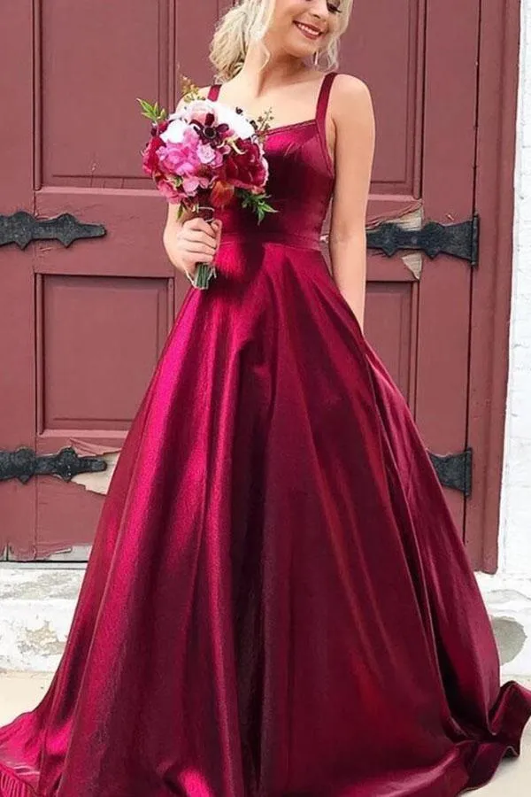 A-line Straps Navy Blue Backless Long Prom Dress with Pockets TP0939