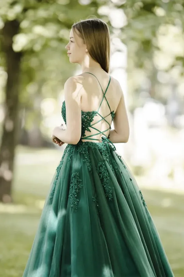 A Line Tulle Lace Backless Green Long Prom Dress, Green Lace Long Formal Dress APP0990