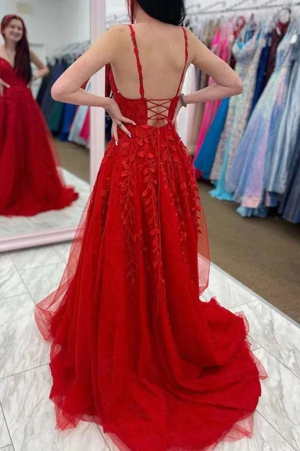 A-line V Neck Red Lace Applique Long Prom Dress Formal Dress TP1098