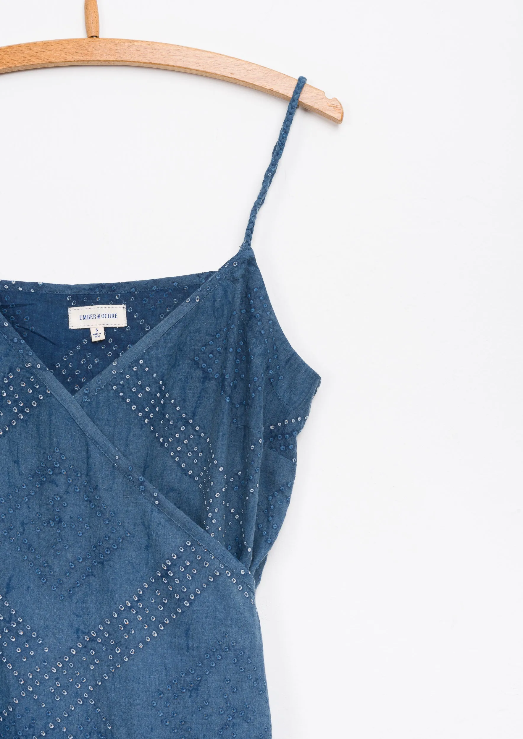 Aahana Strappy Wrap Dress in Indigo Tile Bandhani