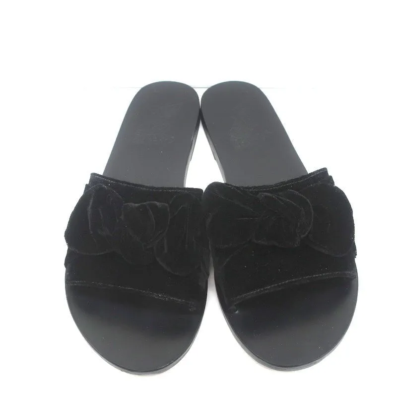 Ancient Greek Sandals Taygete Bow Slide Sandals Black Velvet Size 38