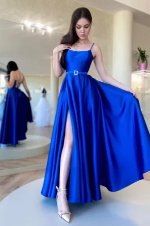 Backless Royal Blue Satin Long Prom Dress with High Slit, Blue Formal Dress APP0710