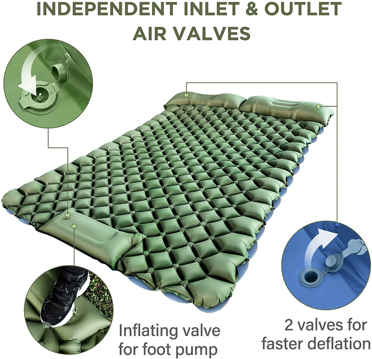 Camping Sleeping Pad Inflatable Foot Press Lightweight 2 Person  Air Mattress Mat with Pillow for Outdoor Hiking Traveling Backp