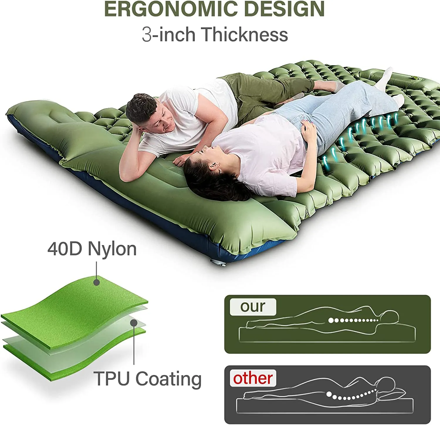 Camping Sleeping Pad Inflatable Foot Press Lightweight 2 Person  Air Mattress Mat with Pillow for Outdoor Hiking Traveling Backp
