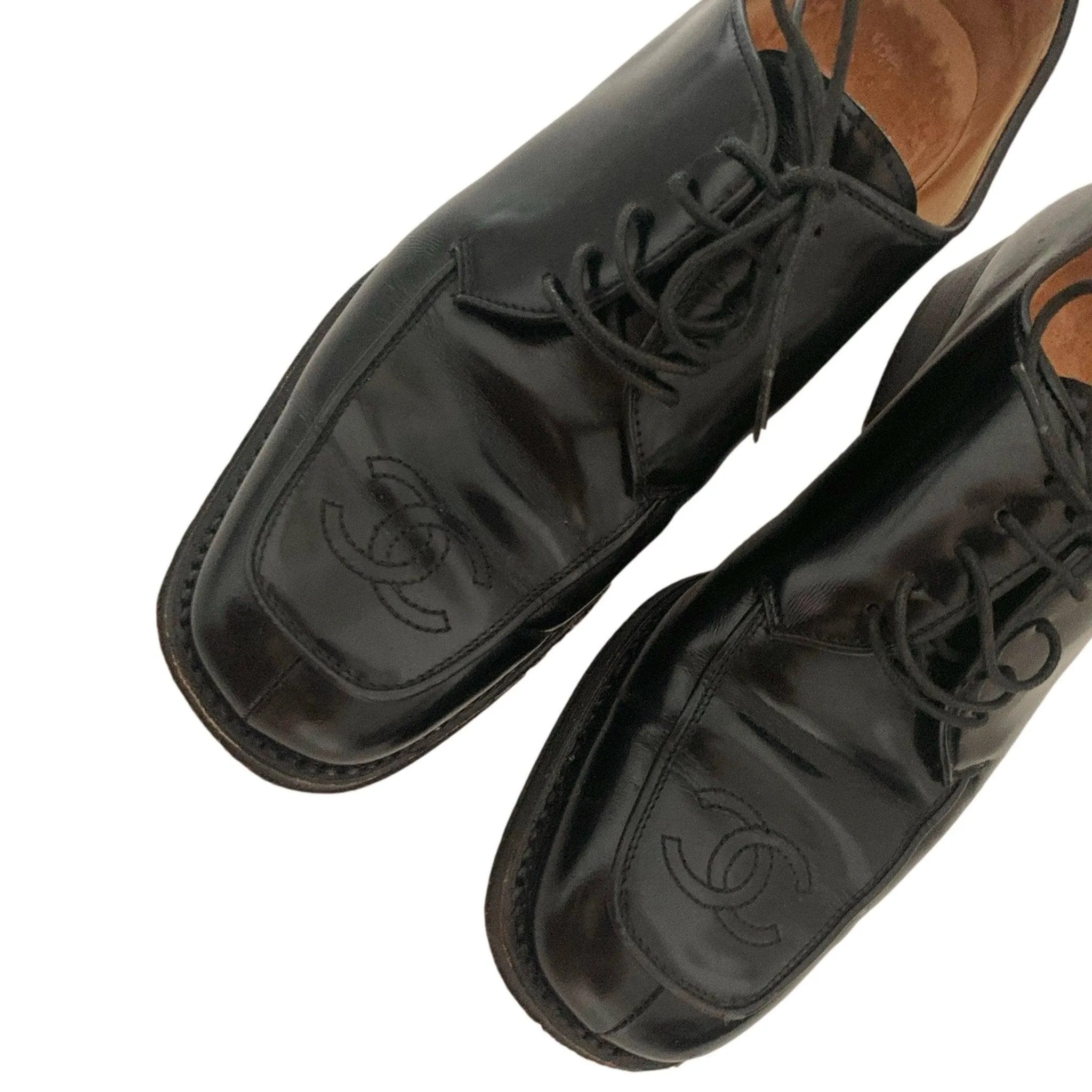 Chanel Black Patent Lace Up Oxfords