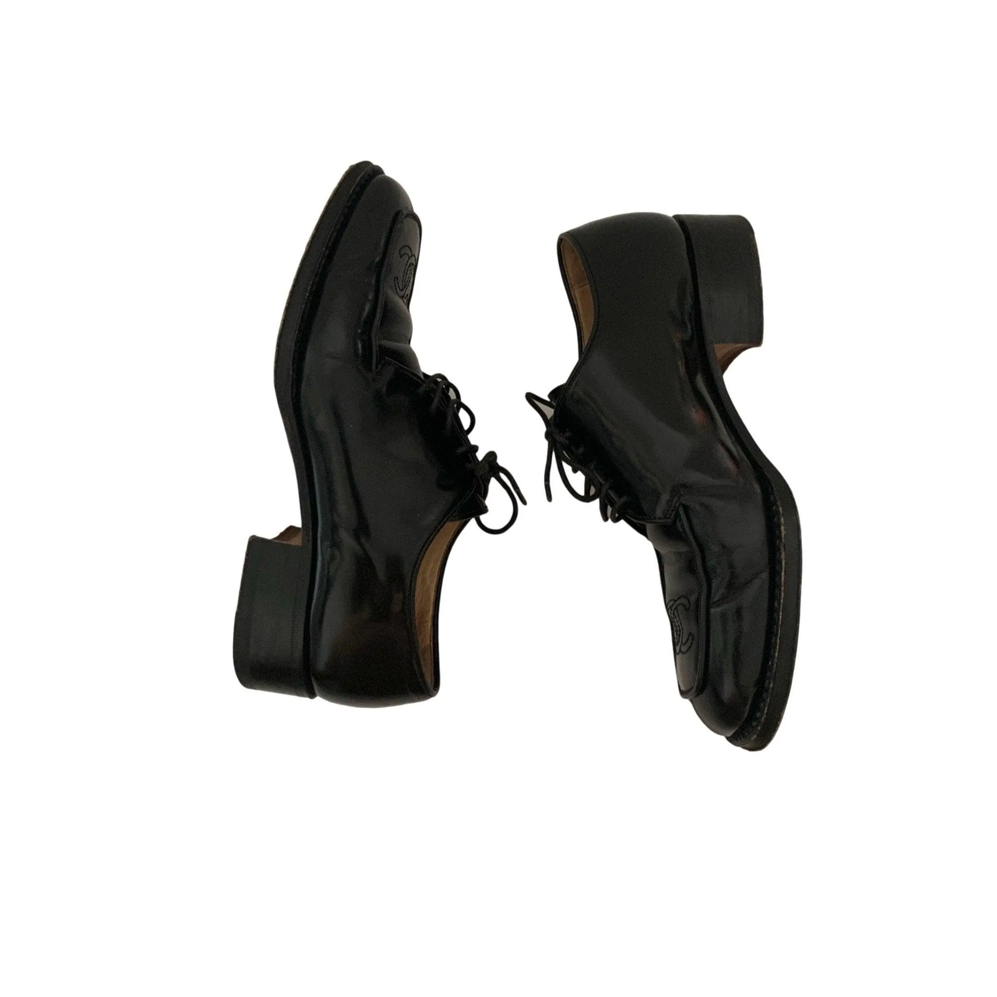 Chanel Black Patent Lace Up Oxfords