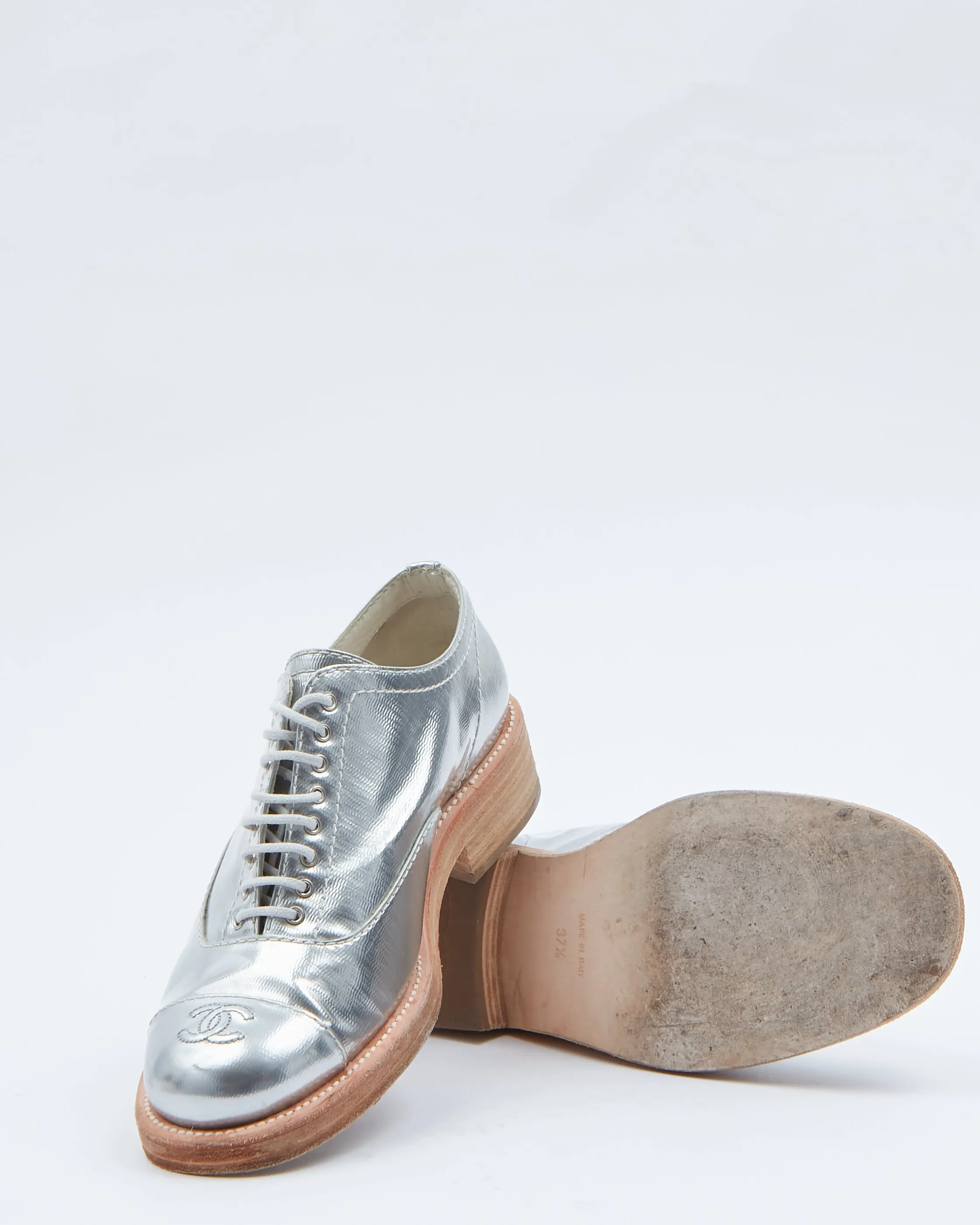 Chanel Silver Interlocking CC Logo Patent Leather Oxfords Shoe - 37.5