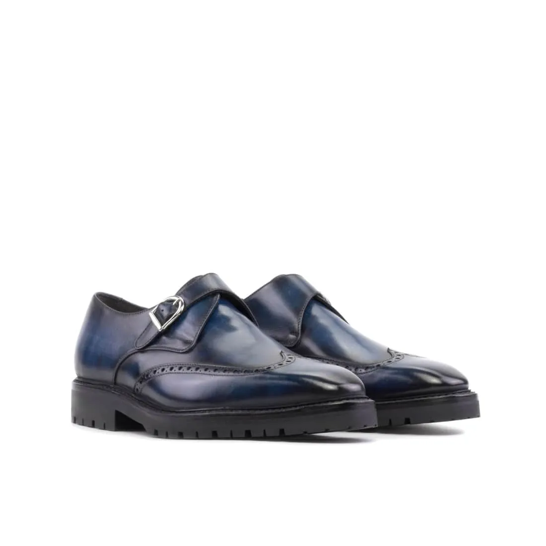 Chaussure à boucle bout fleuri en cuir patiné bleu mariné - Semelles Commando