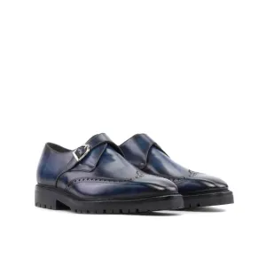 Chaussure à boucle bout fleuri en cuir patiné bleu mariné - Semelles Commando