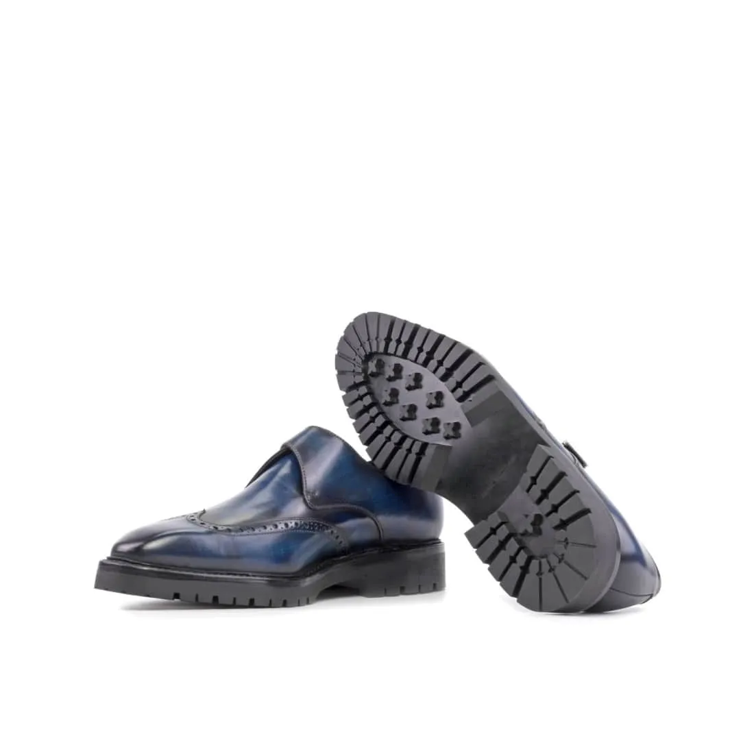 Chaussure à boucle bout fleuri en cuir patiné bleu mariné - Semelles Commando