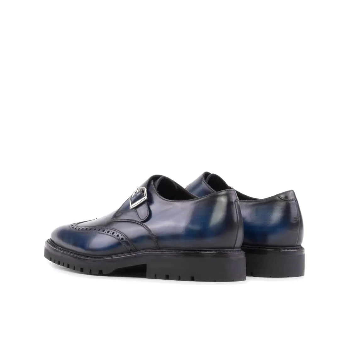 Chaussure à boucle bout fleuri en cuir patiné bleu mariné - Semelles Commando