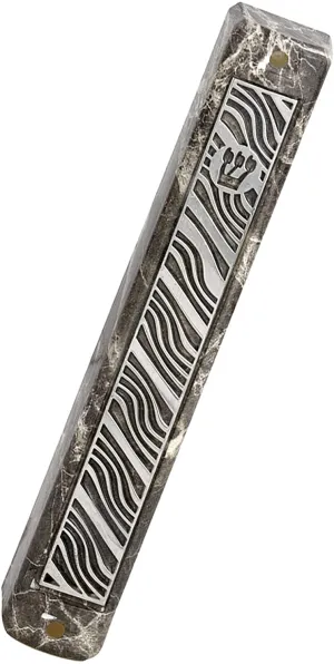 (D) Judaica Plastic Marble Style Mezuzah Case, Metal (5.9'', Silver Waves)
