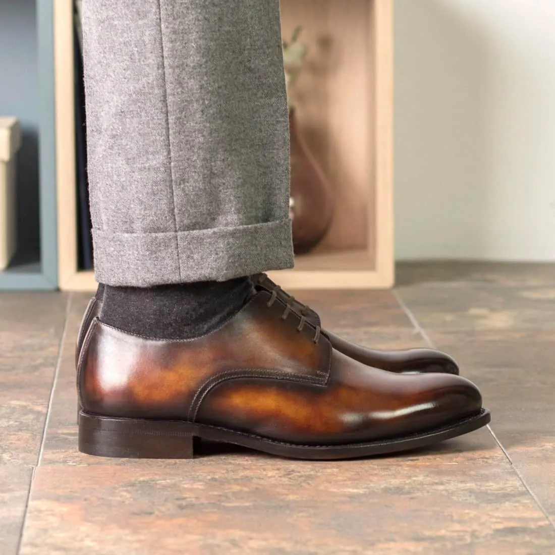 Derbie Blucher en cuir patiné cognac fire
