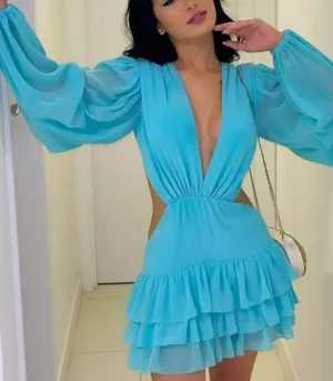 Fashion Long Sleeves Chiffon Dress Deep V Neck Short Prom Party Gown        fg6260