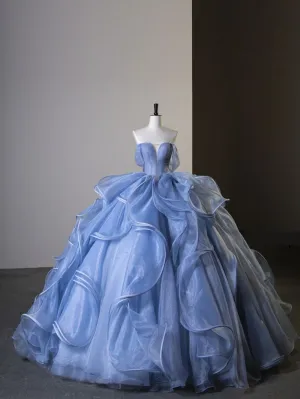 Fashion Sky Blue Ruffle Prom Dresses Ball Gown Sleeveless Prom Formal Dresses      fg4883