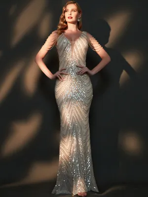 [Final Sale] Apricot Grey Beading Sleeves V-Neck Sequin Mermaid Gown