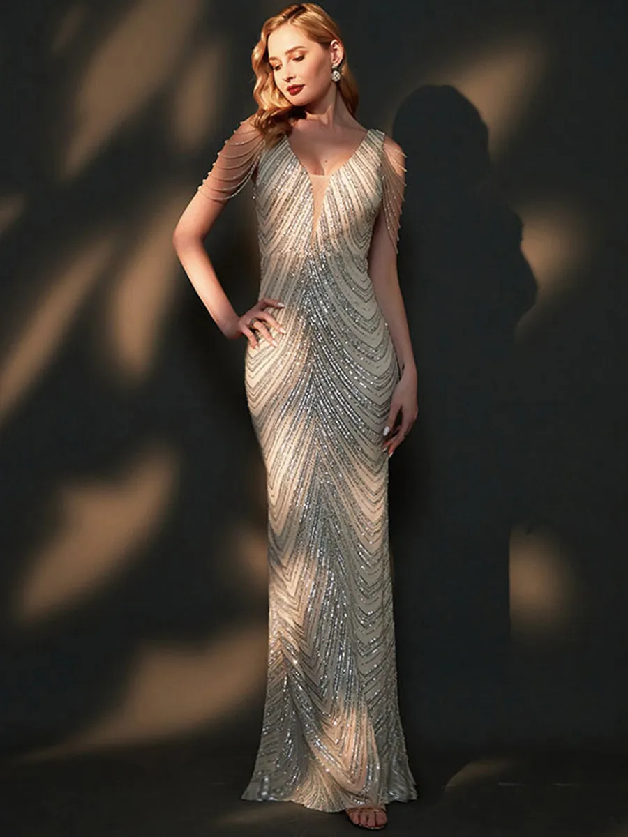 [Final Sale] Apricot Grey Beading Sleeves V-Neck Sequin Mermaid Gown