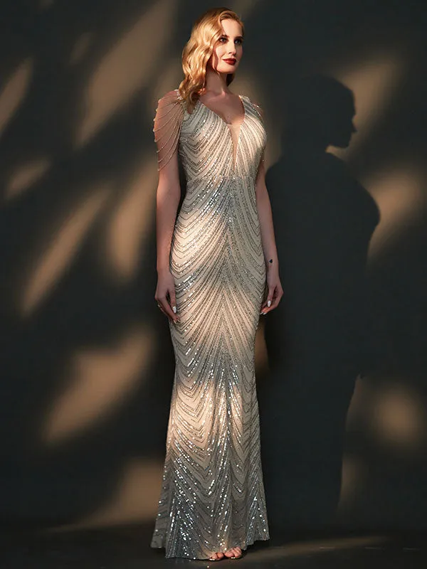 [Final Sale] Apricot Grey Beading Sleeves V-Neck Sequin Mermaid Gown