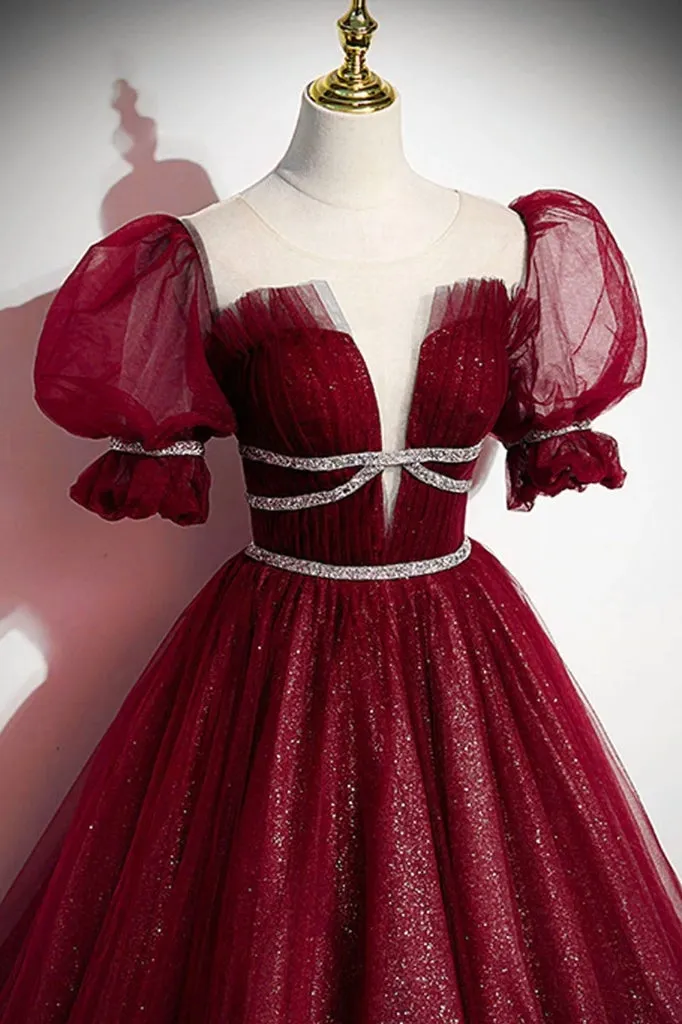 Formal Sparkly Navy And Burgundy Short Sleeves A-line Princess Long Prom Dress, PD3388