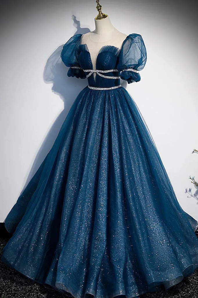 Formal Sparkly Navy And Burgundy Short Sleeves A-line Princess Long Prom Dress, PD3388