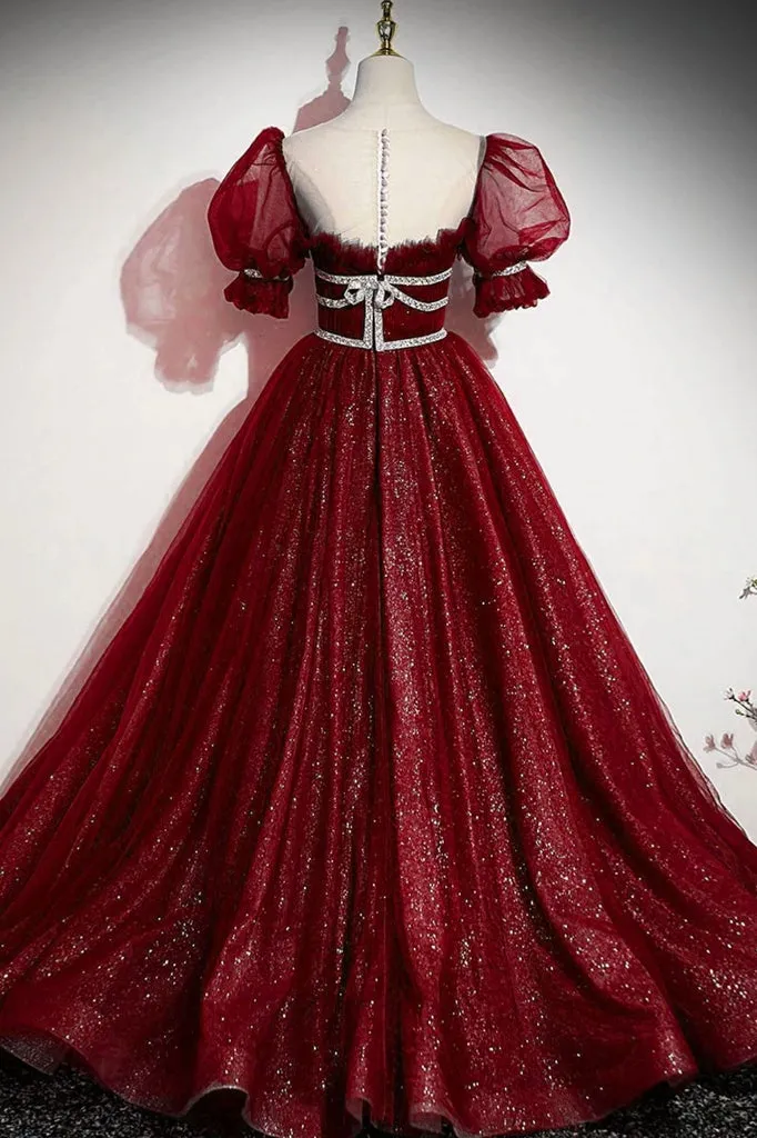Formal Sparkly Navy And Burgundy Short Sleeves A-line Princess Long Prom Dress, PD3388