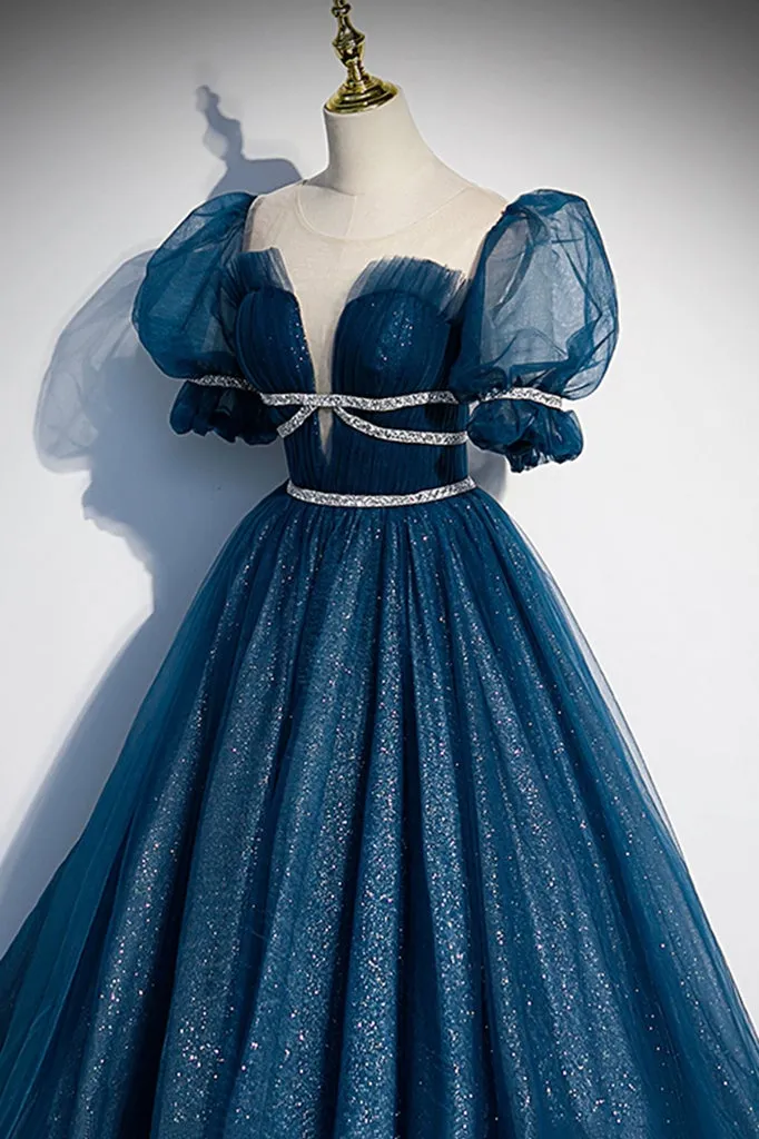 Formal Sparkly Navy And Burgundy Short Sleeves A-line Princess Long Prom Dress, PD3388