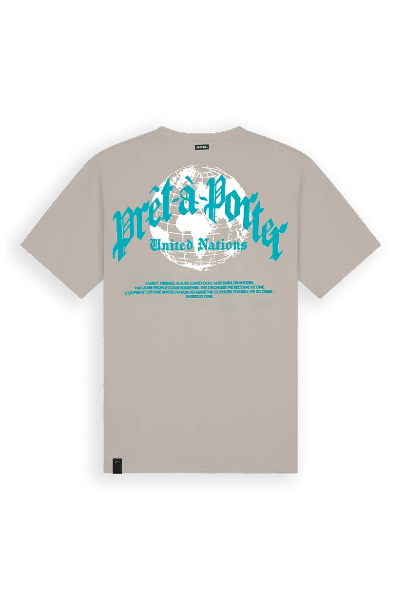 GLOBAL UNITY T-SHIRT | TAUPE/NEON AQUA