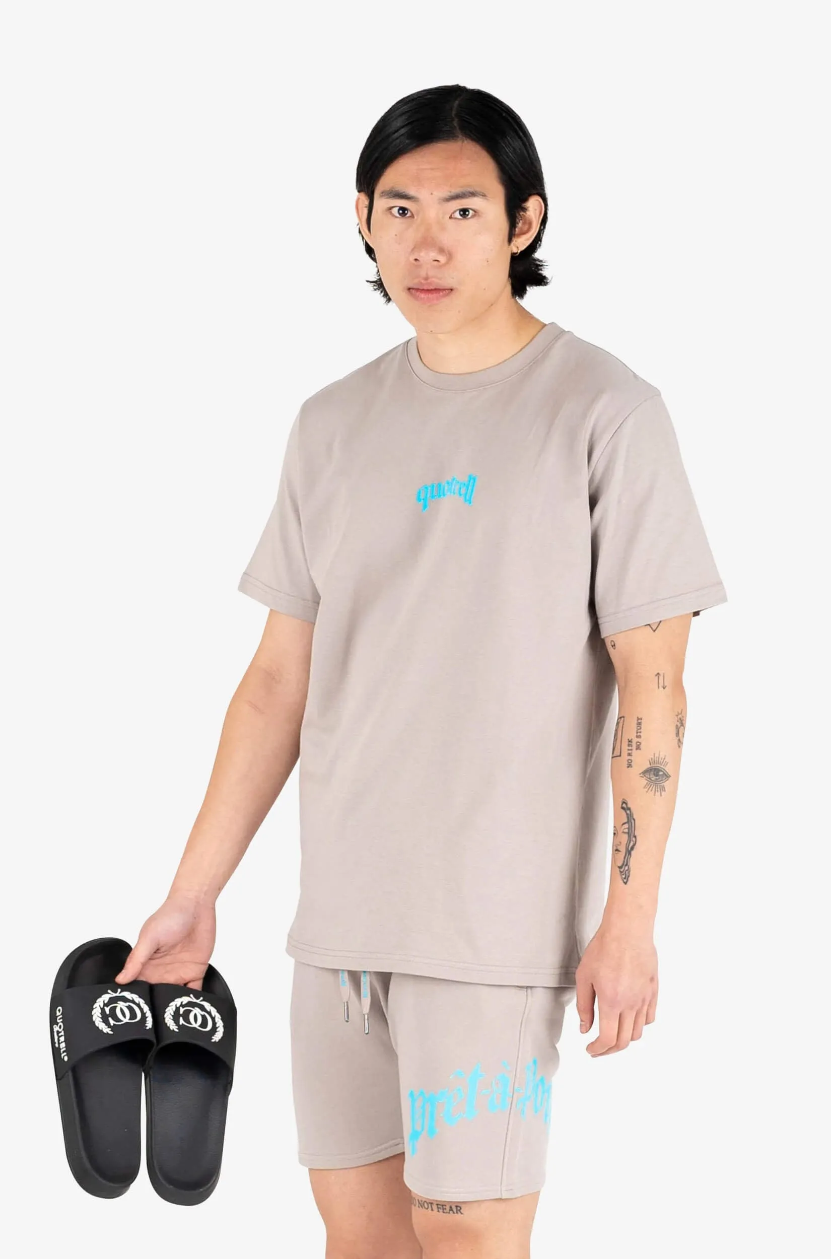 GLOBAL UNITY T-SHIRT | TAUPE/NEON AQUA