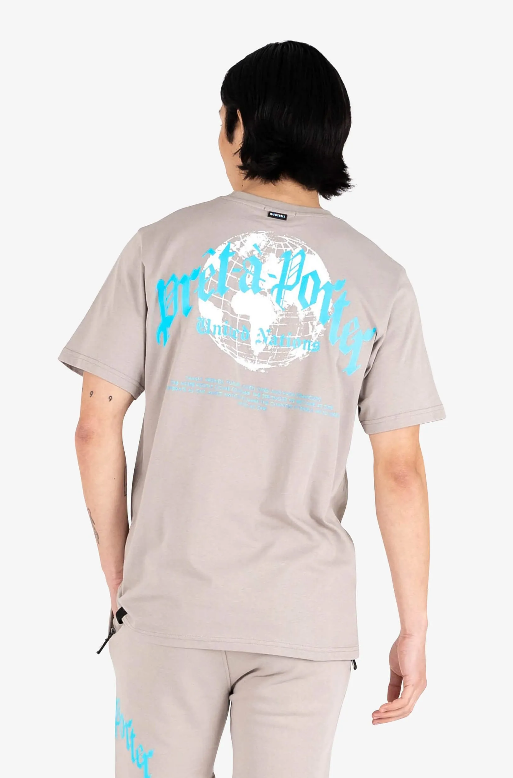 GLOBAL UNITY T-SHIRT | TAUPE/NEON AQUA