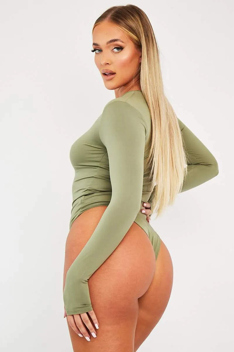 Khaki Keyhole Cut Out Slinky Bodysuit - Elidia