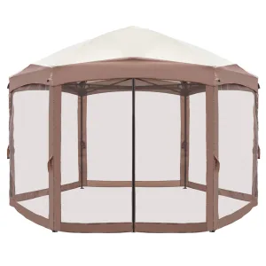 Khaki Top Fabric, Dark Brown Edge, White Bracket, Hexagonal Arc Top Folding Shed, 6 Veils And Net Cloth, With Black Bag, Folding Shed