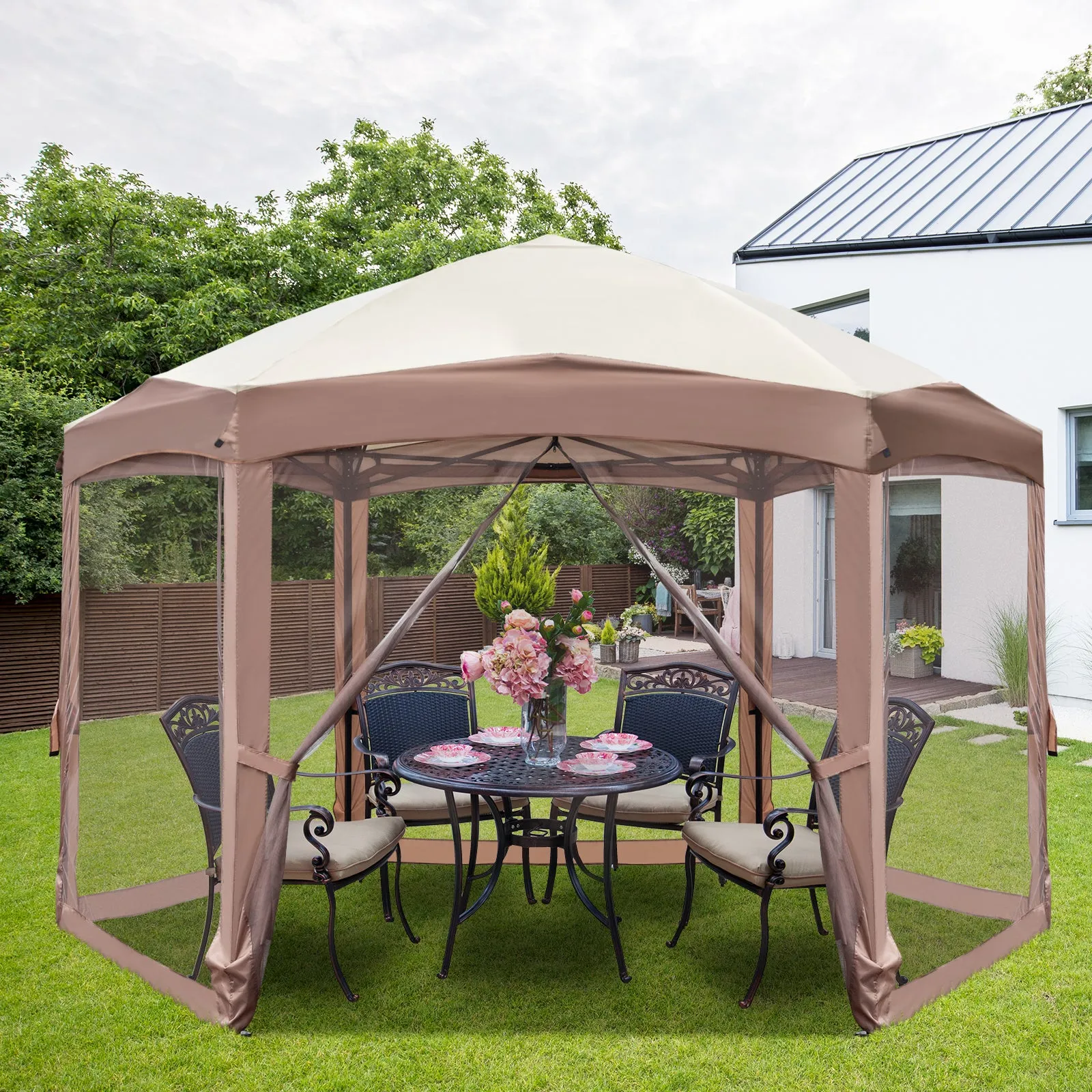 Khaki Top Fabric, Dark Brown Edge, White Bracket, Hexagonal Arc Top Folding Shed, 6 Veils And Net Cloth, With Black Bag, Folding Shed