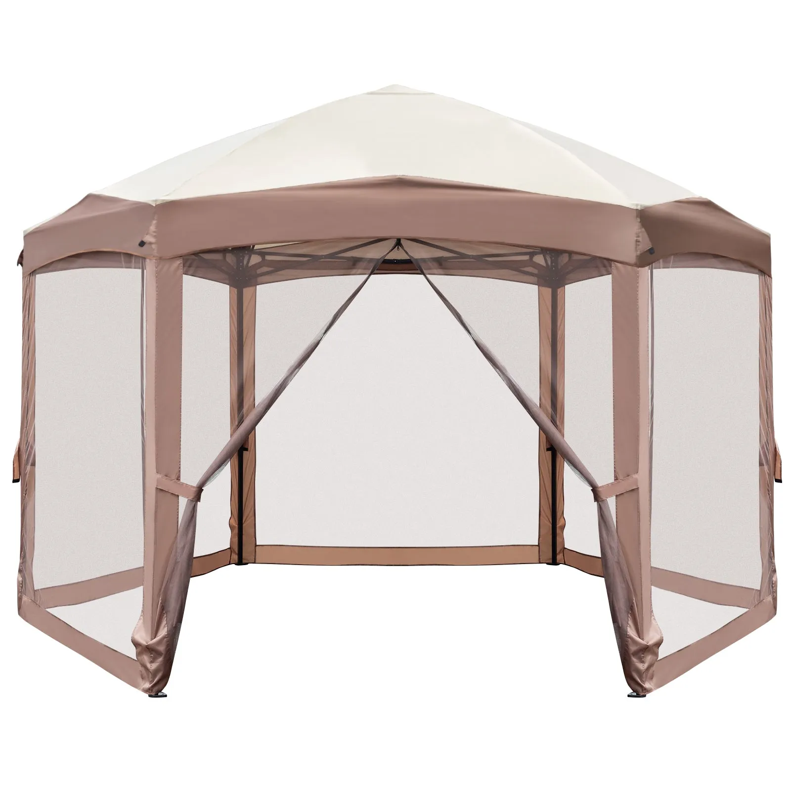 Khaki Top Fabric, Dark Brown Edge, White Bracket, Hexagonal Arc Top Folding Shed, 6 Veils And Net Cloth, With Black Bag, Folding Shed
