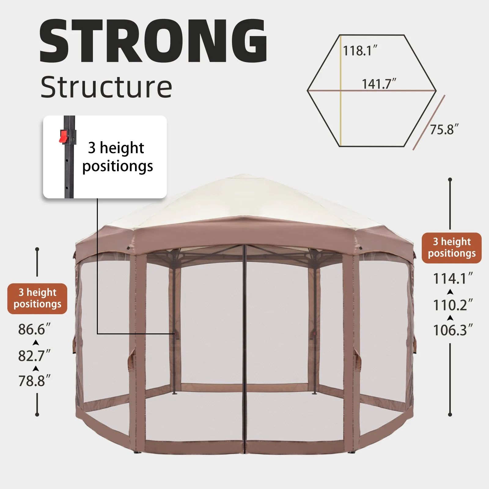Khaki Top Fabric, Dark Brown Edge, White Bracket, Hexagonal Arc Top Folding Shed, 6 Veils And Net Cloth, With Black Bag, Folding Shed