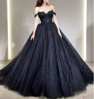 Lace Applique Tulle Dress, Black Glitter Wedding Dress, 3D Flowers Long Evening Gown     fg2942